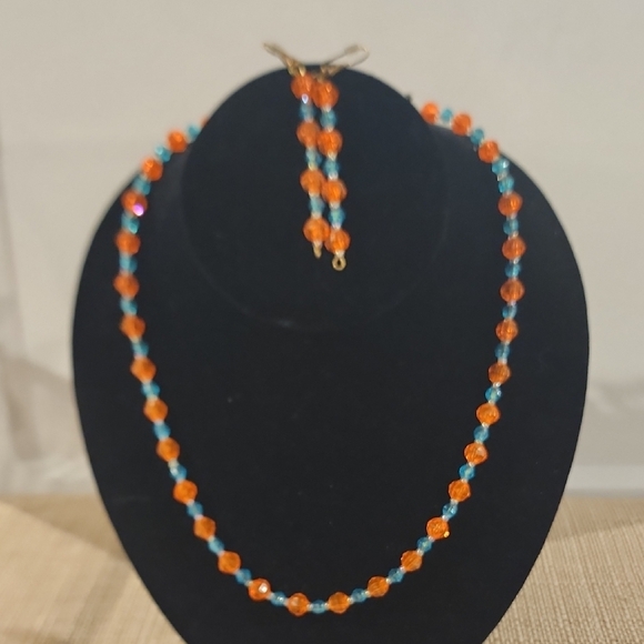 Hand Crafted Orange and Blue Beaded Necklace - Picture 1 of 7